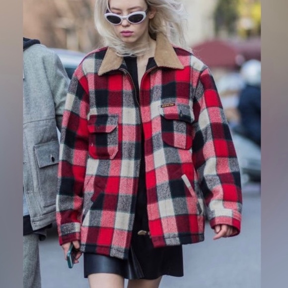 Express Wool Blend Red Plaid Belted Biker Jacket - Picture 10 of 10